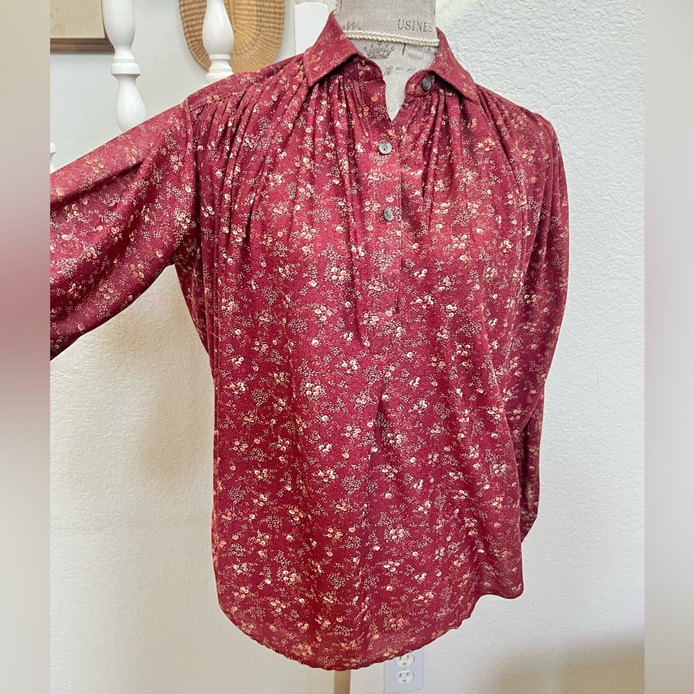 Vintage Floral Red Button-Up Blouse
